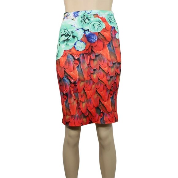 Clover Canyon Red Pencil Skirt Feather Floral Fitted Fall Small - Picture 1 of 4